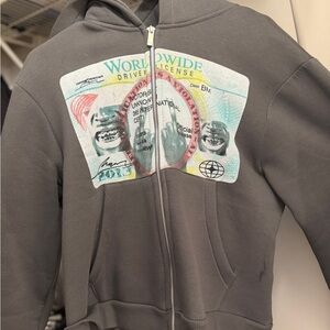 Gray License Hoodie with Graphic Print